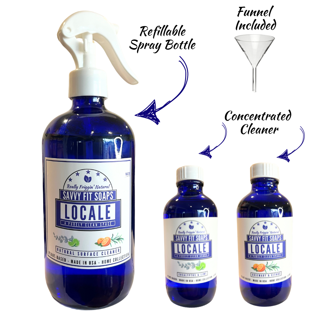 A bottle of Savvy Fit Soaps Locale, showcasing a natural and refreshing skincare product for a soothing and aromatic experience.
