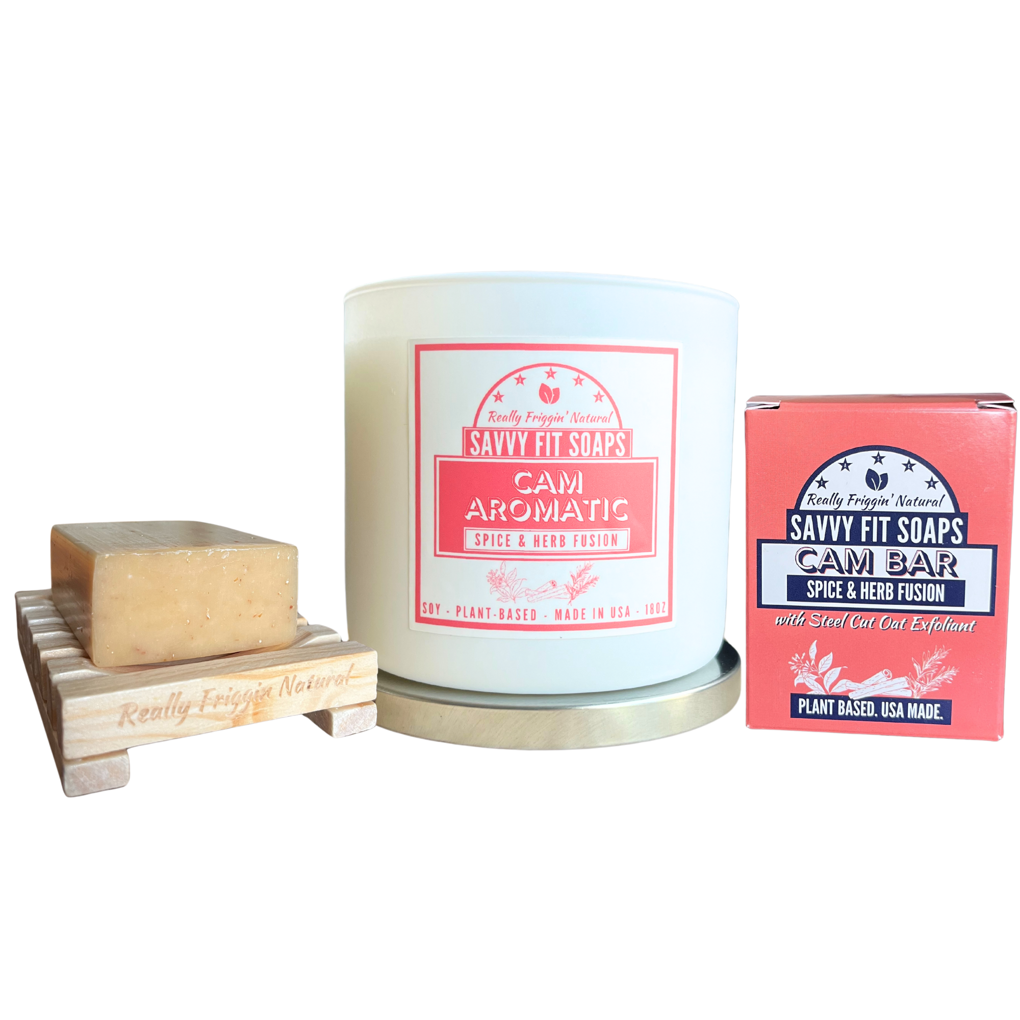 Savvy Fit Soaps Cam Aromatic in Spice & Herb Fusion, highlighting its plant-based, USA-made formula for a soothing and aromatic skincare experience.