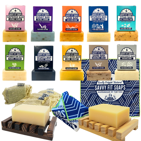 Memorial Day Savvy Pack. 10 Bars. 3 Intensifiers. 2 Travel Towels. 2 Soap Savers.
