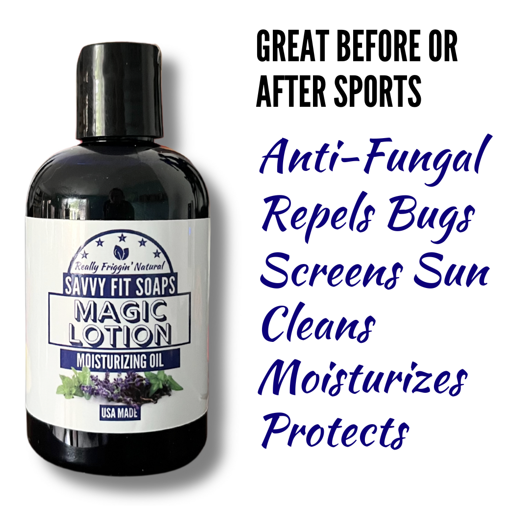 Savvy Fit Soaps Magic Lotion Moisturizing Oil bottle, a nourishing skincare product for hydration and smooth skin.