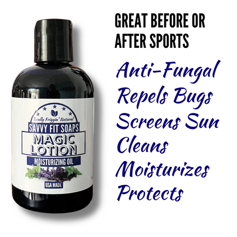 Savvy Fit Soaps Magic Lotion Moisturizing Oil bottle, a nourishing skincare product for hydration and smooth skin.