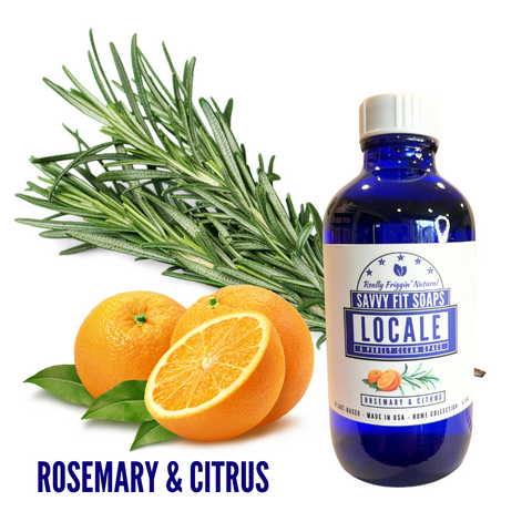 A bottle of Savvy Fit Soaps Locale, showcasing a natural and refreshing skincare product for a soothing and aromatic experience.