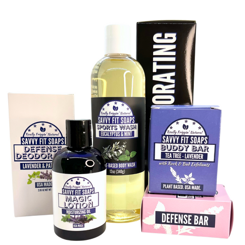 Multiple Savvy Fit Soaps Buddy products, including deodorants, displayed together, showcasing a range of natural and refreshing personal care items.