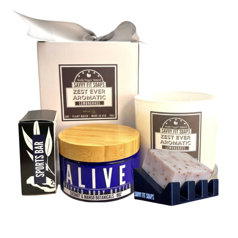 SAVVY SPA GIFT SET - Candle, Moisturizer of choice, Bar Assortment, & Soap Saver