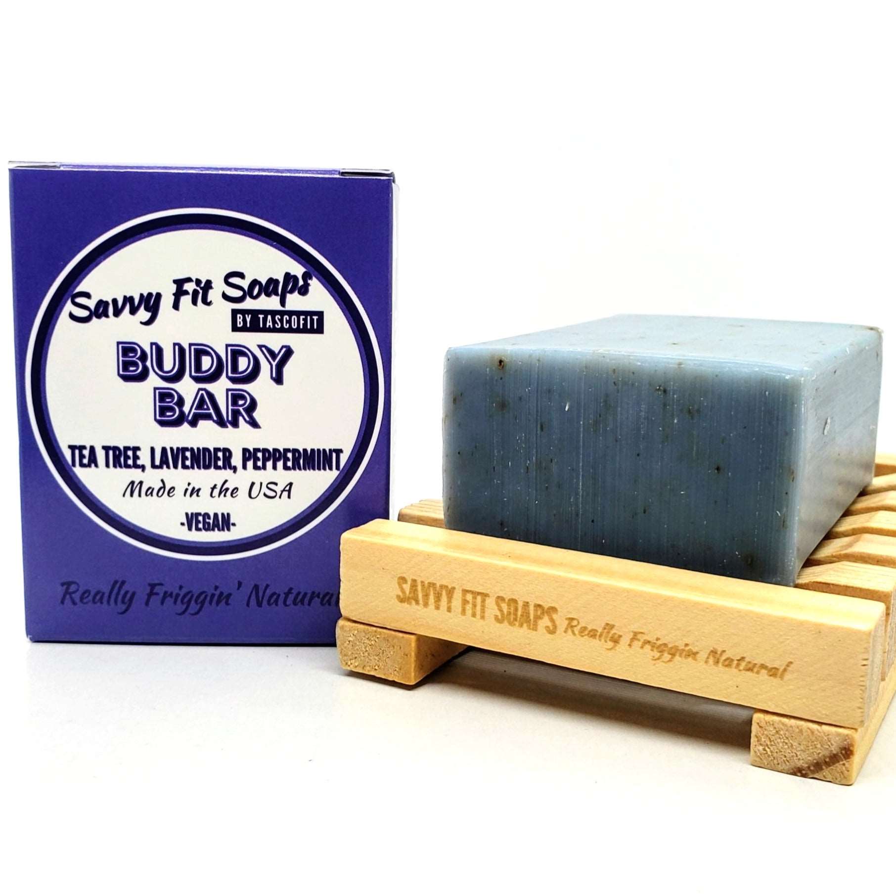 A box of Savvy Fit Soaps Buddy Bar in Tea Tree Lavender with an open soap, highlighting its plant-based, USA-made, and refreshing skincare formula.