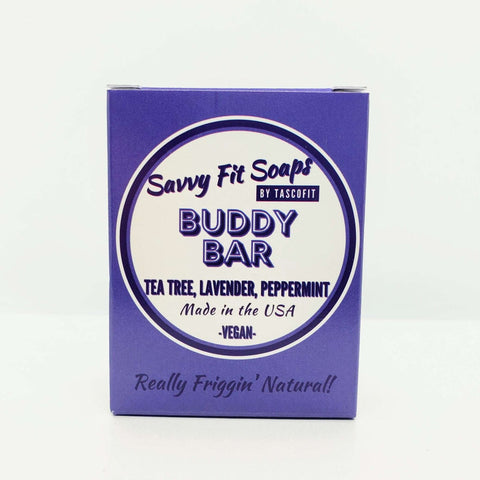 A box of Savvy Fit Soaps Buddy Bar in Tea Tree Lavender, plant-based and USA-made, showcasing a refreshing and natural skincare product.
