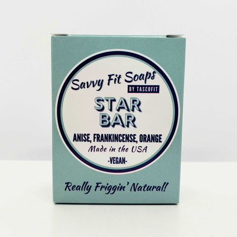 A box of Savvy Fit Soaps Star Bar in Anise, Frankincense, and Orange, plant-based and USA-made, showcasing a natural and aromatic skincare product.